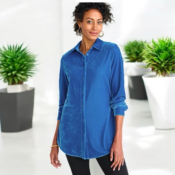 Soft Surroundings Blue Velour Boyfriend Button Down Tunic Shirt - Picture 5 of 16